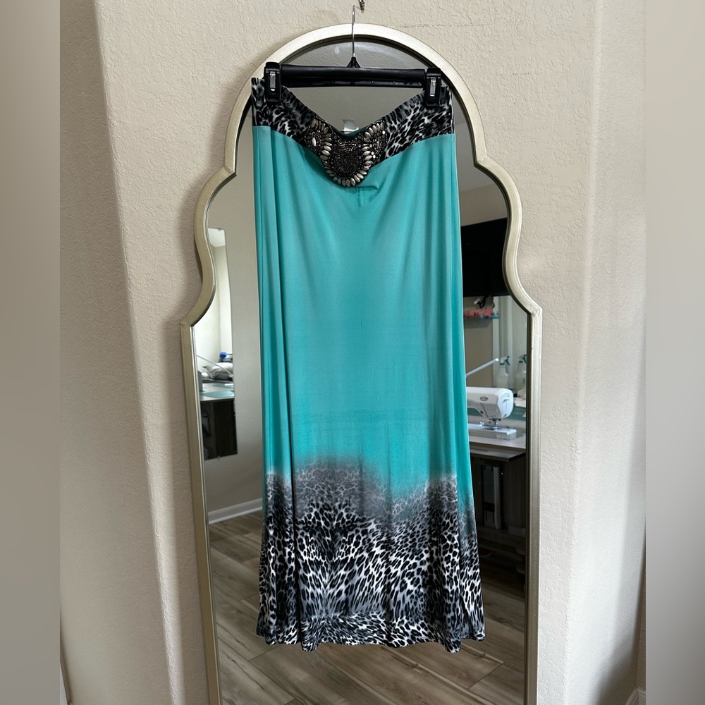 NWT Gorgeous, turquoise, and black Venus maxi skirt with beading sz S